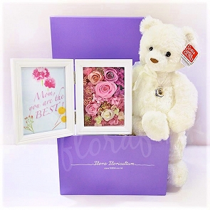 MD30 母親節永生花相架 + "媽媽 我愛你"頸鍊 + Gund泰迪熊 