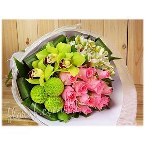 BO85 送生日花束香港 粉紅色玫瑰 荷蘭綠色惠蘭 乒乓  BO85 送生日花束香港 粉紅色玫瑰 荷蘭綠色惠蘭 乒乓