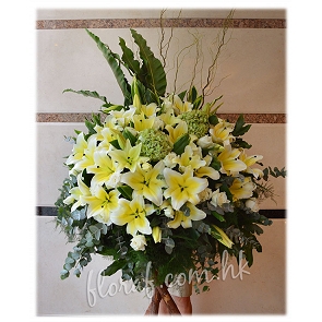 F53	綠繡球 + 黃百合 + 白玫瑰 白事花籃