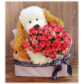 R89  毛公仔加花 - 肯亞雙色多頭小玫瑰小花束  Gund 小狗 